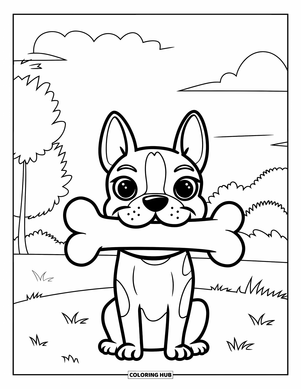 Boston Terrier Coloring Page for Kids: Boston Terrier sitting on grass holding a big bone in its mouth