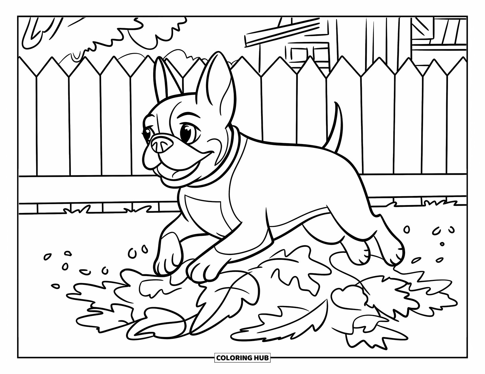 Boston Terrier Coloring Page for Kids: Boston Terrier wagging its tail near a leaf pile and a cozy house