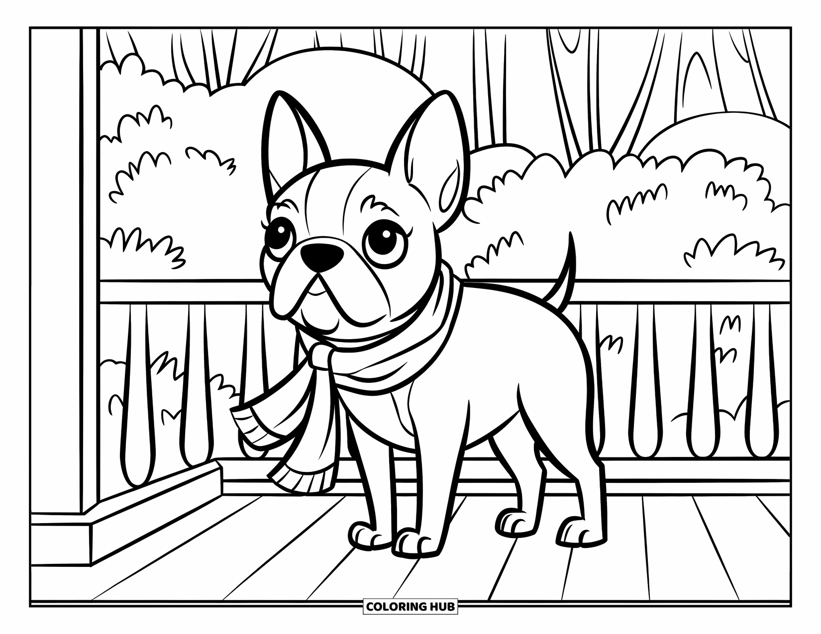 Boston Terrier Coloring Page for Kids: Boston Terrier wearing a scarf and standing on a porch surrounded by greenery
