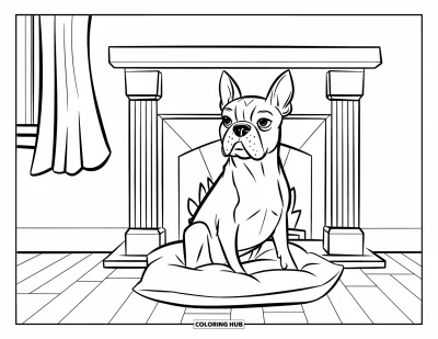 Desen de colorat cu Boston Terrier pentru copii: Boston Terrier cu blană brindle odihnit pe o pernă lângă șemineu