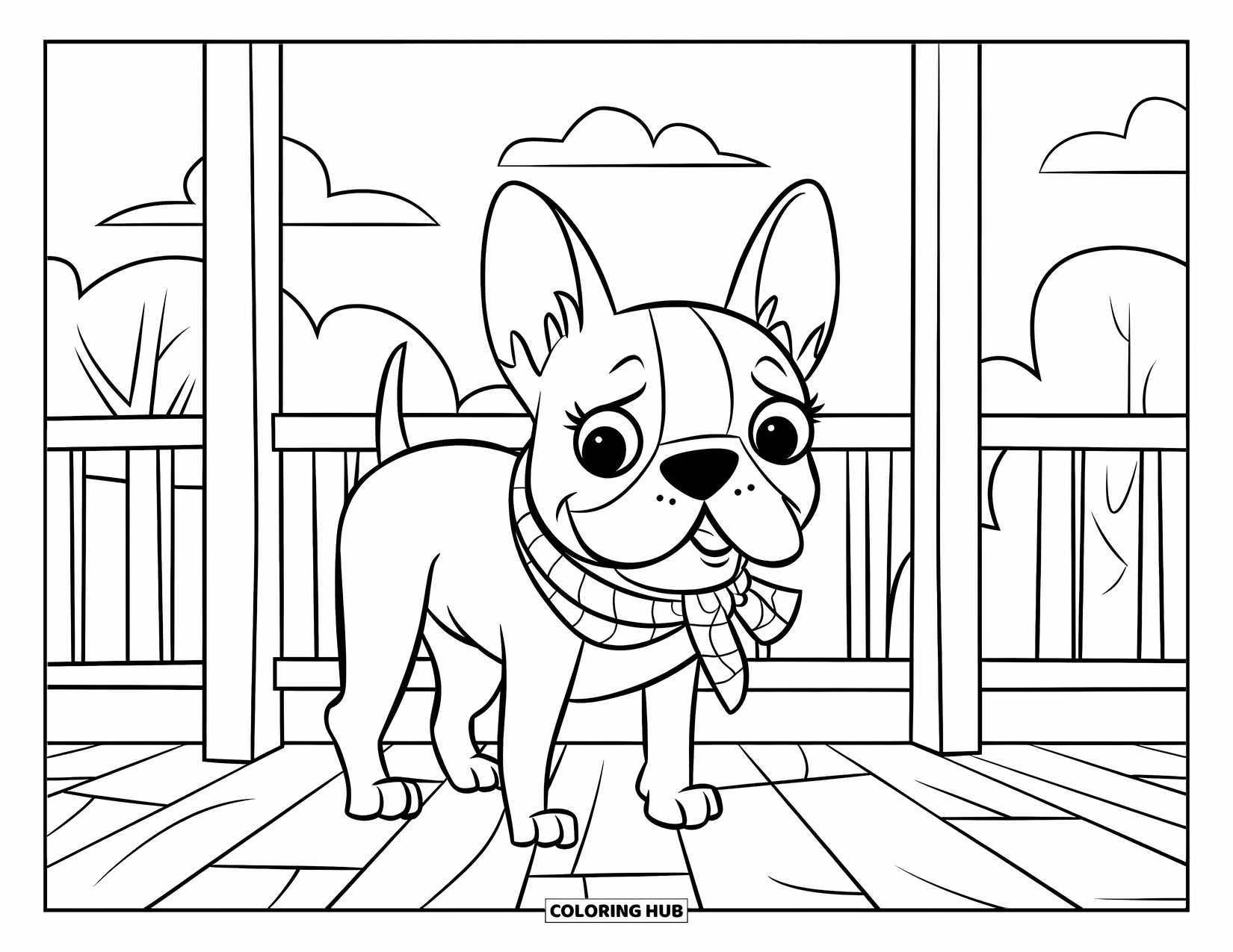 Boston Terrier Coloring Page for Kids: Boston Terrier with a playful look standing on a porch in the fresh air