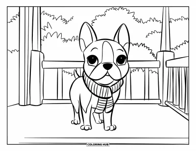Desen de colorat cu Boston Terrier pentru copii: Boston Terrier cu fular în dungi pe o verandă cu vedere la copaci