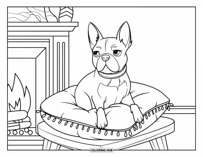 Desen de colorat cu Boston Terrier pentru copii: Boston Terrier cu blană pufoasă odihnit pe o pernă lângă șemineu