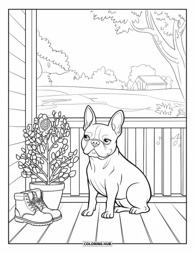 Desen de colorat cu Boston Terrier pentru copii: Boston Terrier prietenos pe o verandă, cu cizme și o floare în ghiveci alături