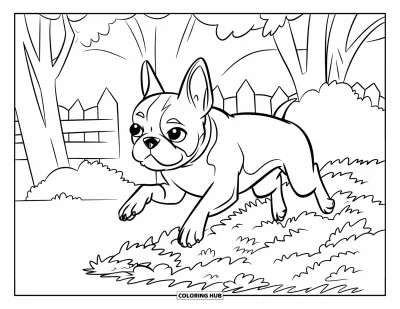 Desen de colorat cu Boston Terrier pentru copii: Boston Terrier jucăuș săltând peste o grămadă mare de frunze de toamnă