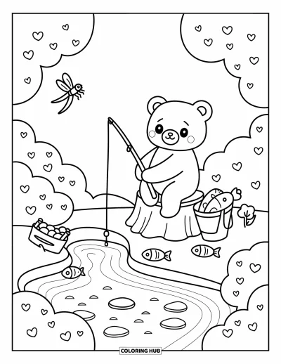 Coloriage d'ours brun pour adultes : Un ours détendu pêche au bord d'une rivière avec une boîte de collations et un petit seau de poissons