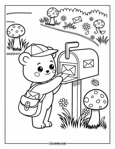 Coloriage d'ours brun pour adultes : Un ours coiffé d'une casquette poste une lettre parmi des fleurs, des champignons et une petite coccinelle