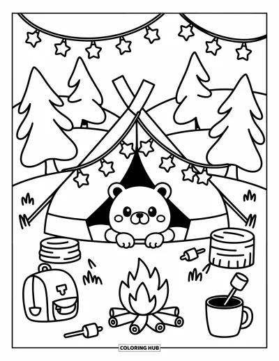 Coloriage d'ours brun pour adultes : Un ours écharpe passe la tête d'une tente près d'un feu de camp et de douces collines