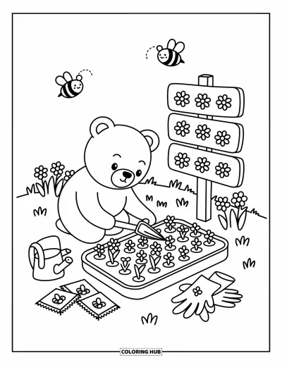 Coloriage d'ours brun pour adultes : Un ours à genoux dans un jardin avec des outils pendant que des abeilles bourdonnent doucement autour