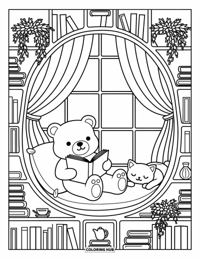 Coloriage d'ours brun pour adultes : Un ours se détend avec un livre tandis qu'un chat sommeille à ses côtés dans un coin paisible