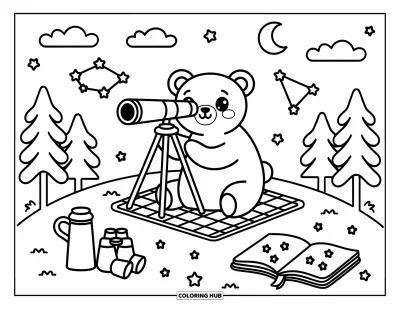 Coloriage d'ours brun pour adultes : Un ours observe à travers un télescope sous un ciel étoilé, assis sur un tapis à carreaux