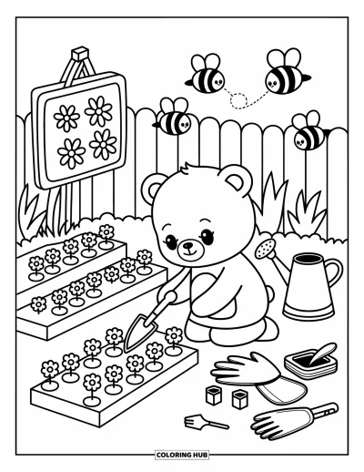 Coloriage d'ours brun pour adultes : Un ours plante des fleurs avec un arrosoir pendant que des abeilles bourdonnent autour