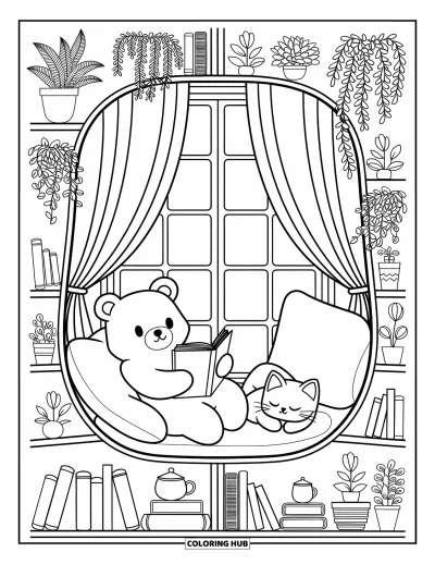 Coloriage d'ours brun pour adultes : Un ours lit un livre dans un coin fenêtre douillet entouré de plantes, de livres et d'une tasse de thé