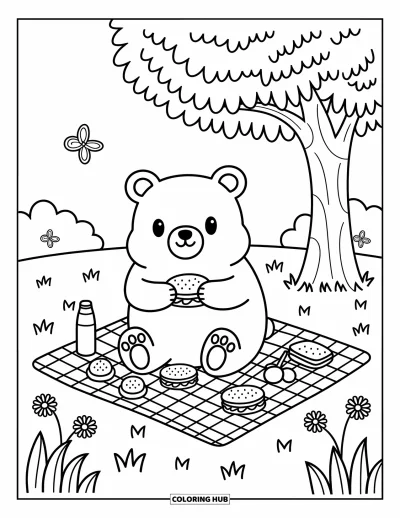 Coloriage d'ours brun pour adultes : Un ours assis sur un plaid tient un sandwich sous un arbre qui se balance lors d'un pique-nique