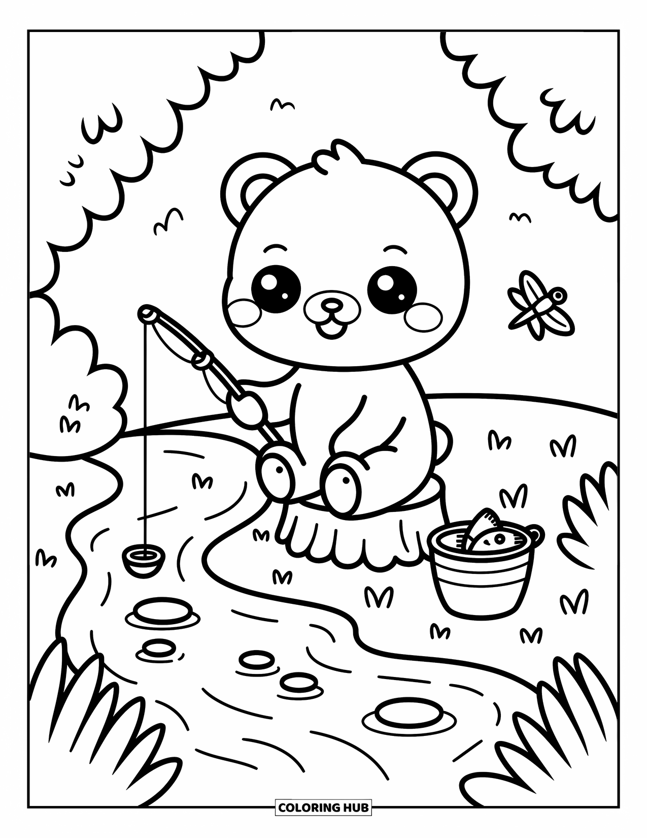 Brown Bear Coloring Page for Adults: A bear sits on a stump by the river, fishing near playful stones and snacks