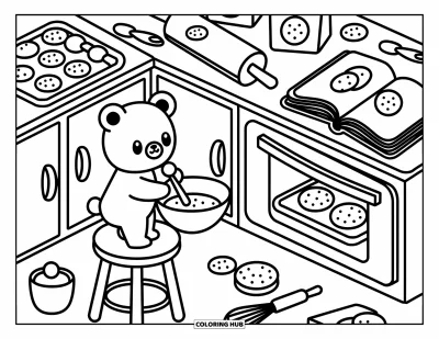 Coloriage d'ours brun pour adultes : Un ours juché sur un tabouret mélange de la pâte à biscuits dans une cuisine accueillante