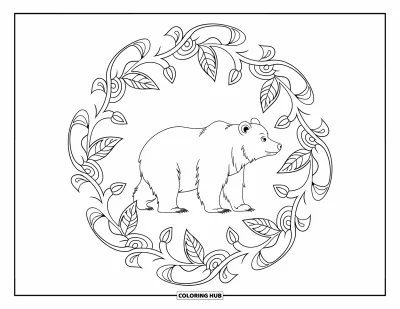 Coloriage d'ours brun pour adultes : Un ours se tient paisiblement au cœur d'un mandala floral rempli de lianes gestuelles et de feuilles douces