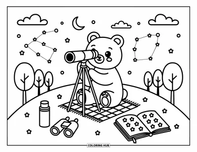 Coloriage d'ours brun pour adultes : Un ours observe les étoiles depuis une colline avec un télescope, un thermos et un carnet griffonné