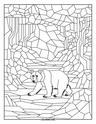 Coloriage d'ours brun pour adultes : Un ours se promène dans une forêt aux formes de vitrail et aux lignes ondoyantes