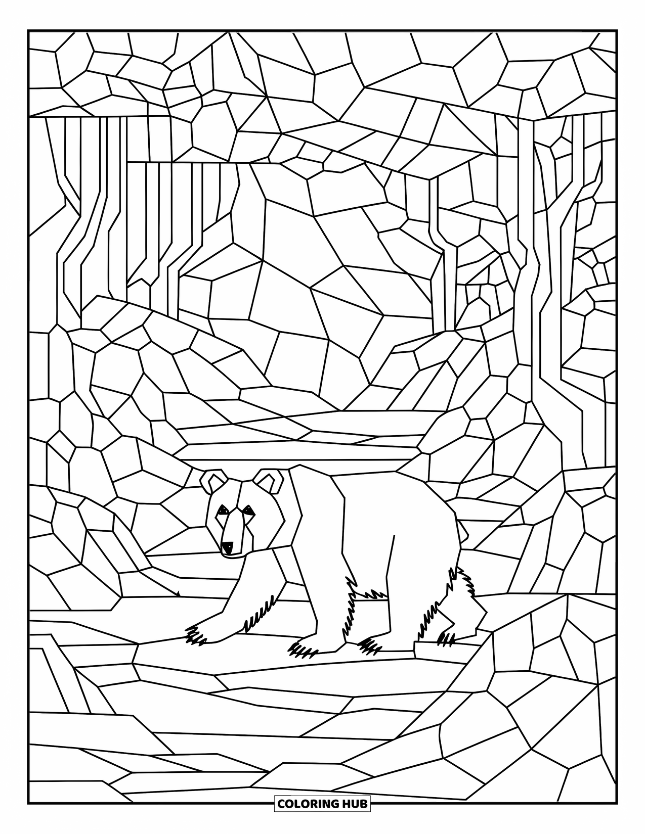 Brown Bear Coloring Page for Adults: A bear walks through a forest made of stained-glass shapes and flowing lines