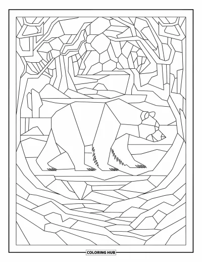 Coloriage d'ours brun pour adultes : Un ours se promène dans un monde en vitrail de rivières, d'arbres et de formes forestières