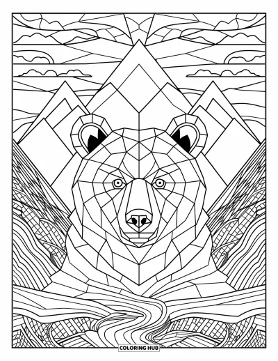Coloriage d'ours brun pour adultes : Le visage d'un ours remplit la page, encadré de montagnes, de ciels et de lignes de rivières fluides