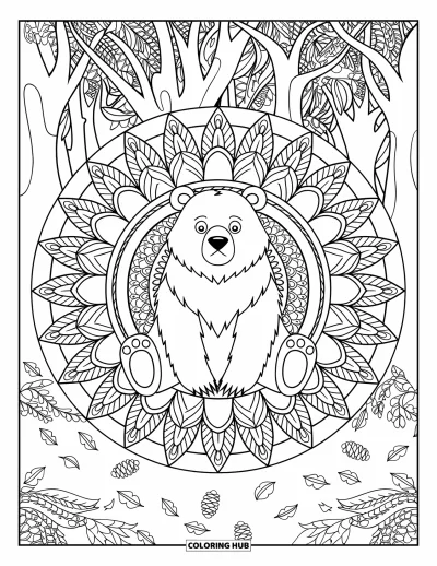 Coloriage d'ours brun pour adultes : Un ours serein se repose dans un mandala forestier de feuilles tourbillonnantes et de pommes de pin superposées
