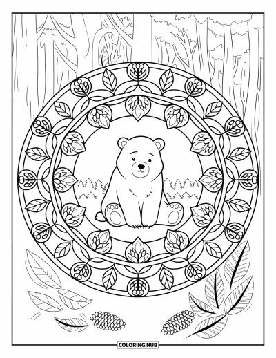 Coloriage d'ours brun pour adultes : Un ours calme est assis dans un mandala forestier rempli de feuilles et de pommes de pin
