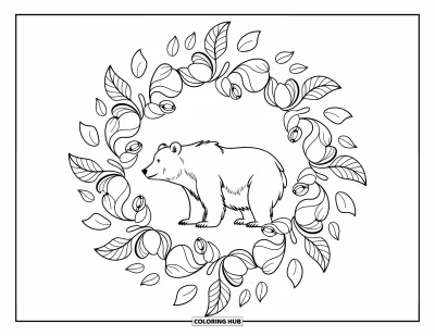Coloriage d'ours brun pour adultes : Un ours calme se tient de profil à l'intérieur d'un mandala feuillu et tourbillonnant