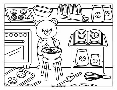 Coloriage d'ours brun pour adultes : Un ours joyeux pétrit de la pâte pendant que des biscuits cuisent et refroidissent à côté