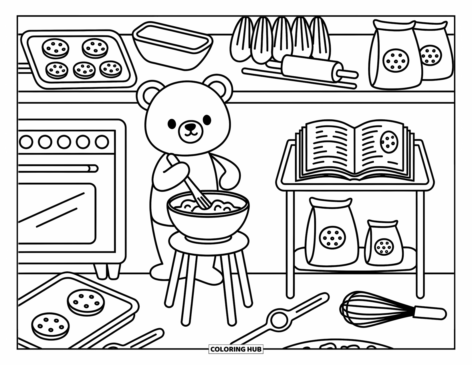 Brown Bear Coloring Page for Adults: A cheerful bear mixes dough while cookies bake and cool nearby