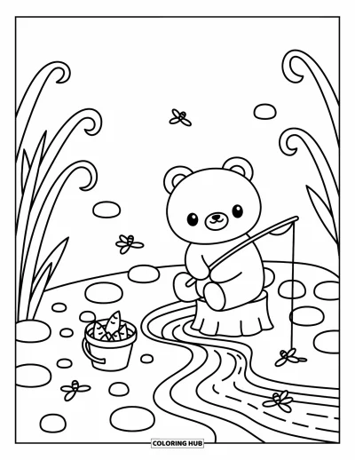 Coloriage d'ours brun pour adultes : Un ours tranquille pêche près d'une rivière avec des libellules et de petits galets arrondis