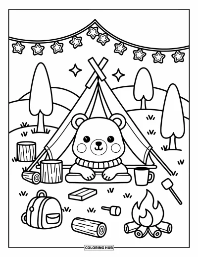 Coloriage d'ours brun pour adultes : Un ours douillet passe la tête d'une tente éclairée d'étoiles près de bûches et de guimauves