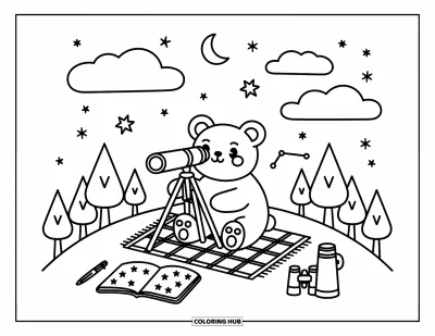 Coloriage d'ours brun pour adultes : Un ours câlin observe les étoiles depuis une colline avec du matériel de camping douillet