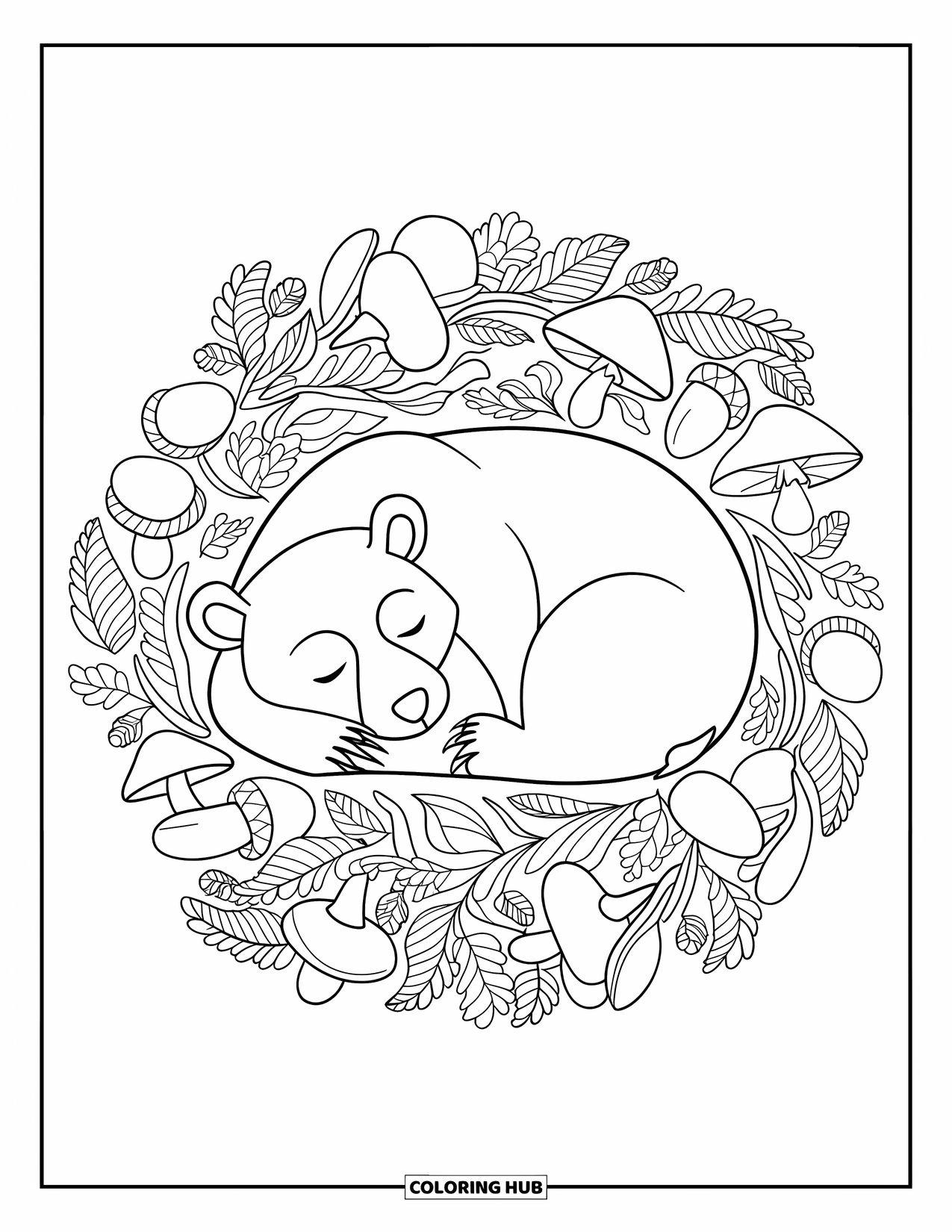 Brown Bear Coloring Page for Adults: A curled bear sleeps among mushrooms, acorns, and flowers in a soft forest circle