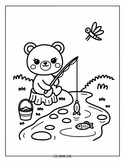 Coloriage d'ours brun pour adultes : Un adorable ours pêche au bord d'un ruisseau avec un seau de poissons et une libellule