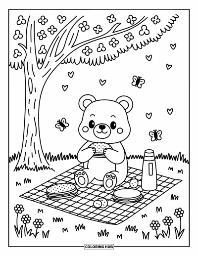 Coloriage d'ours brun pour adultes : Un adorable ours pique-nique sous un arbre avec des fruits, des sandwichs et des papillons qui voltigent