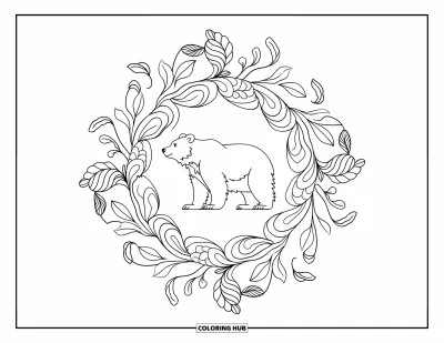 Coloriage d'ours brun pour adultes : Un ours bienveillant se tient entouré de lianes, de bourgeons et de feuilles dans un mandala circulaire complexe