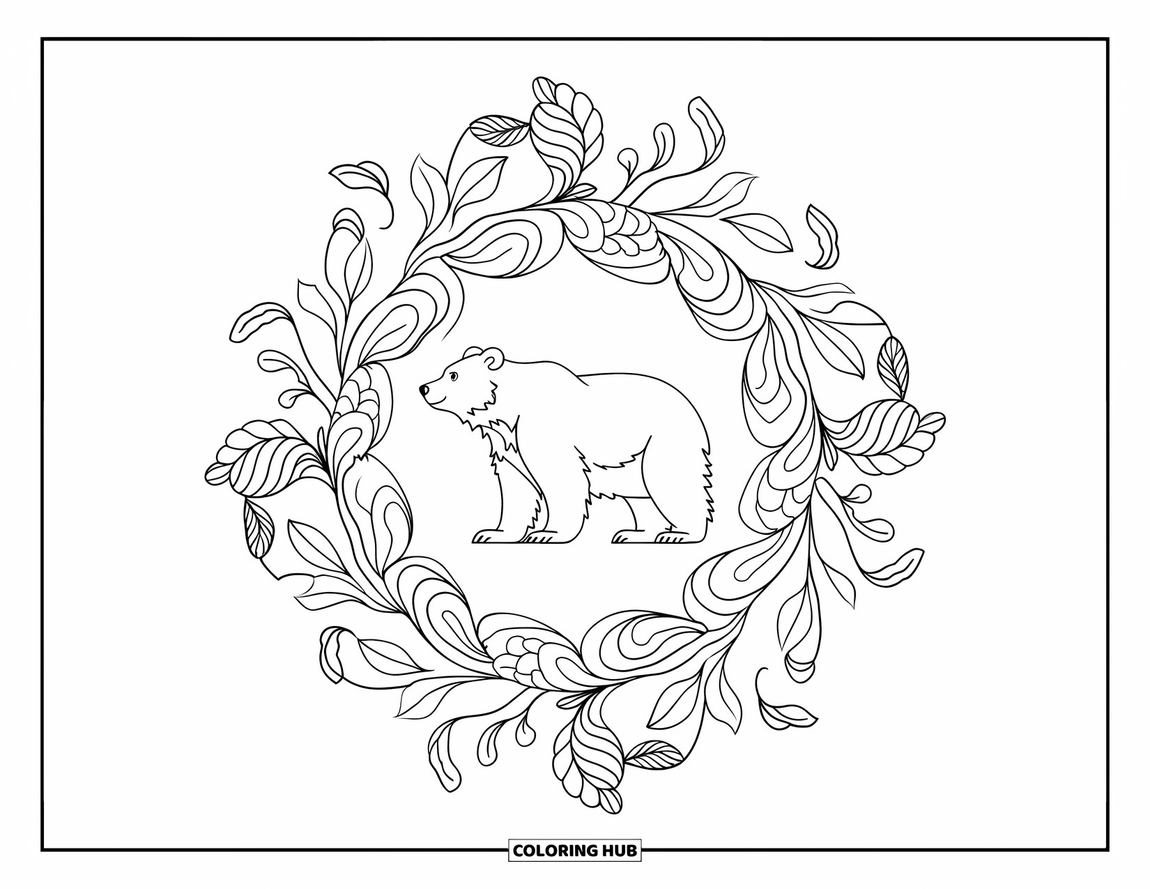 Brown Bear Coloring Page for Adults: A gentle bear stands surrounded by intricate vines, buds, and leaves in a circular mandala