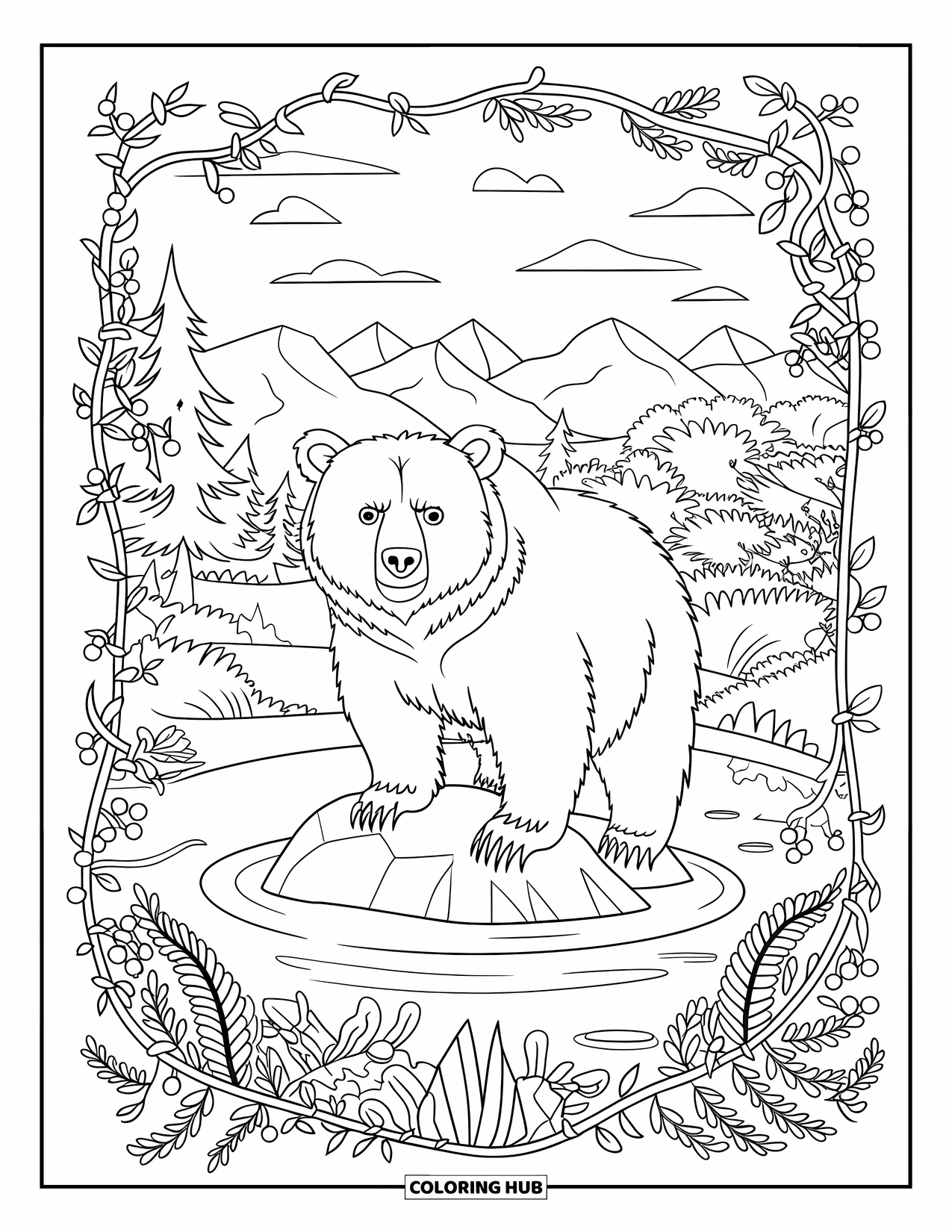 Brown Bear Coloring Page for Adults: A majestic bear stands in a lush pond surrounded by vines and soft greenery