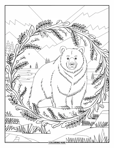 Coloriage d'ours brun pour adultes : Un ours majestueux debout sur un rocher entouré de lianes tourbillonnantes et de feuilles forestières