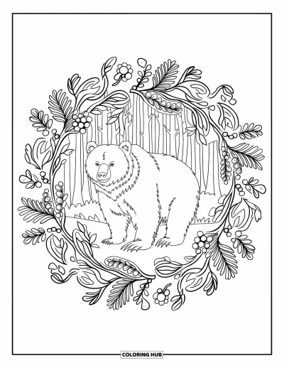Coloriage d'ours brun pour adultes : Un ours noble est cerné par un mandala de lianes, de baies et de branches feuillues