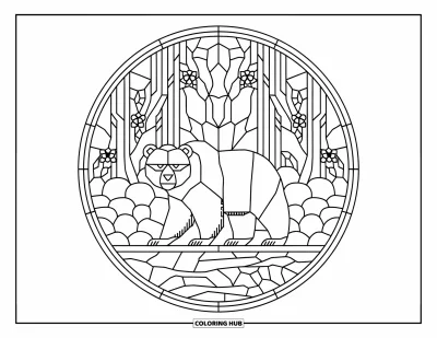 Coloriage d'ours brun pour adultes : Un ours noble se repose dans un cercle de vitrail rempli d'arbres, de fleurs et de galets de rivière