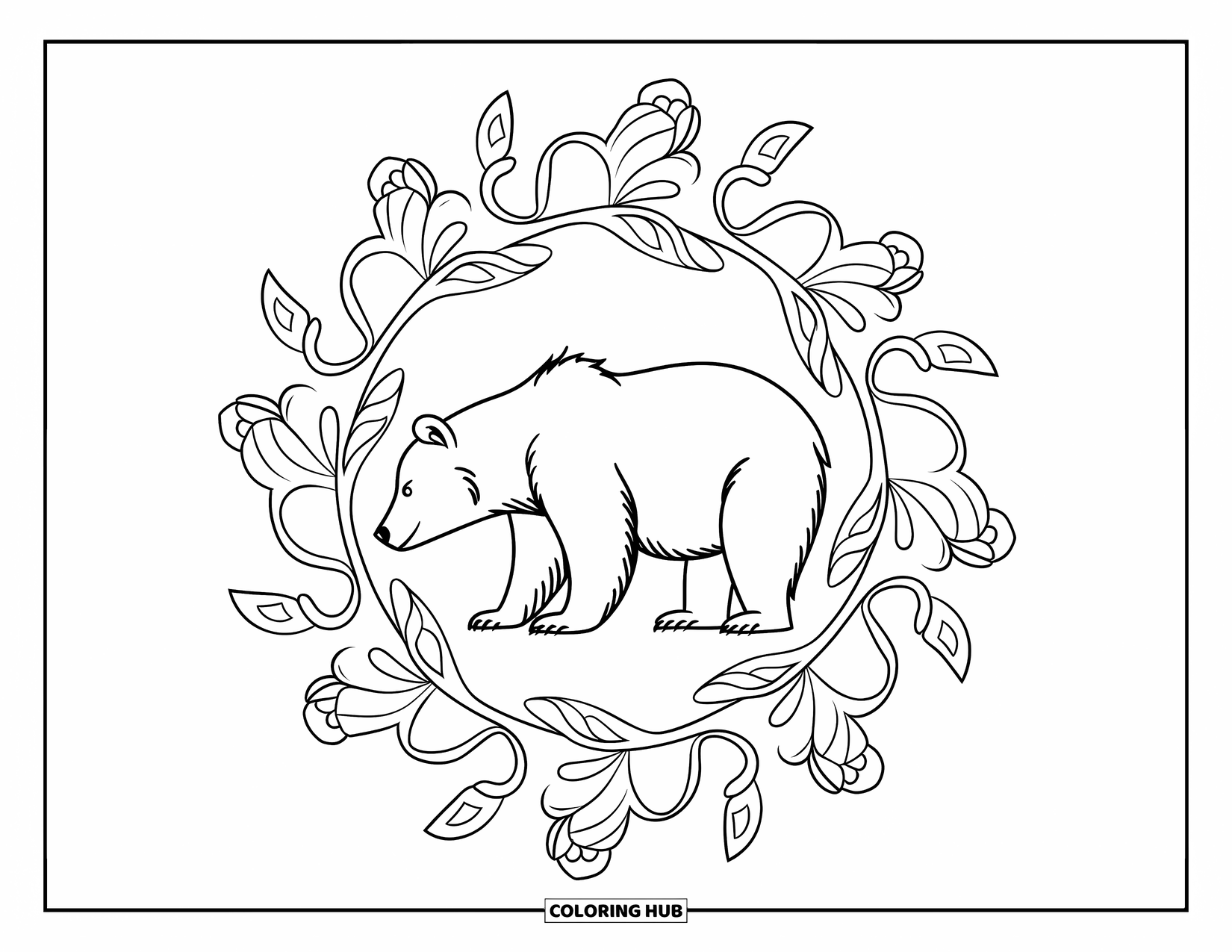 Brown Bear Coloring Page for Adults: A peaceful bear stands in profile, surrounded by a floral mandala of leaves and vines