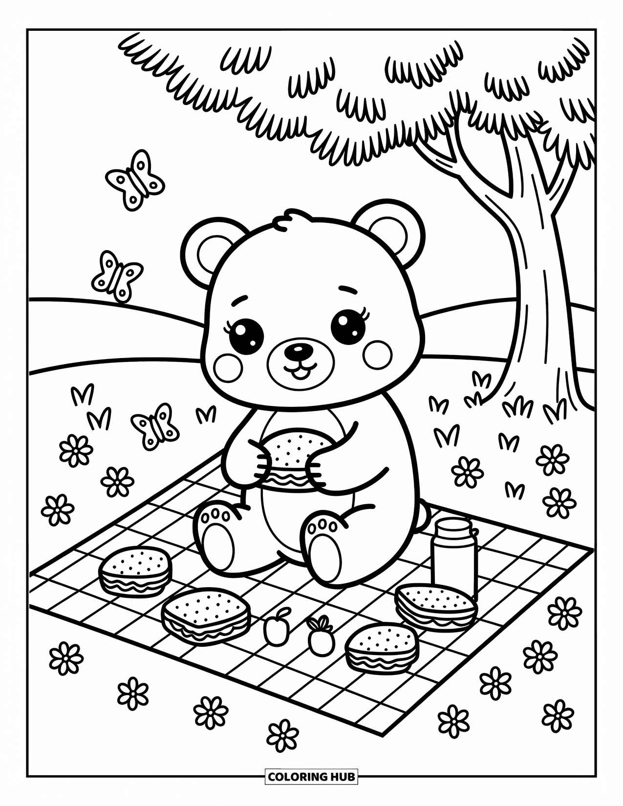 Brown Bear Coloring Page for Adults: A picnic bear holds a sandwich surrounded by snacks and butterflies in a sunny meadow
