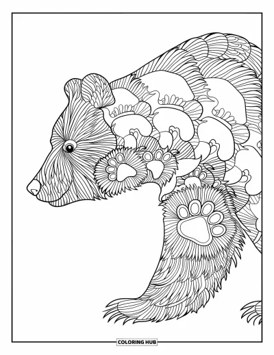 Coloriage d'ours brun pour adultes : Un ours de profil se tient dans un mandala composé de motifs et de textures inspirés de la nature