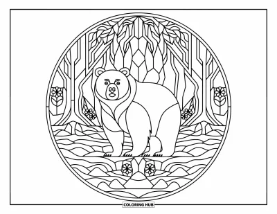 Coloriage d'ours brun pour adultes : Un ours noble au centre d'un motif circulaire en vitrail avec des arbres et des rochers