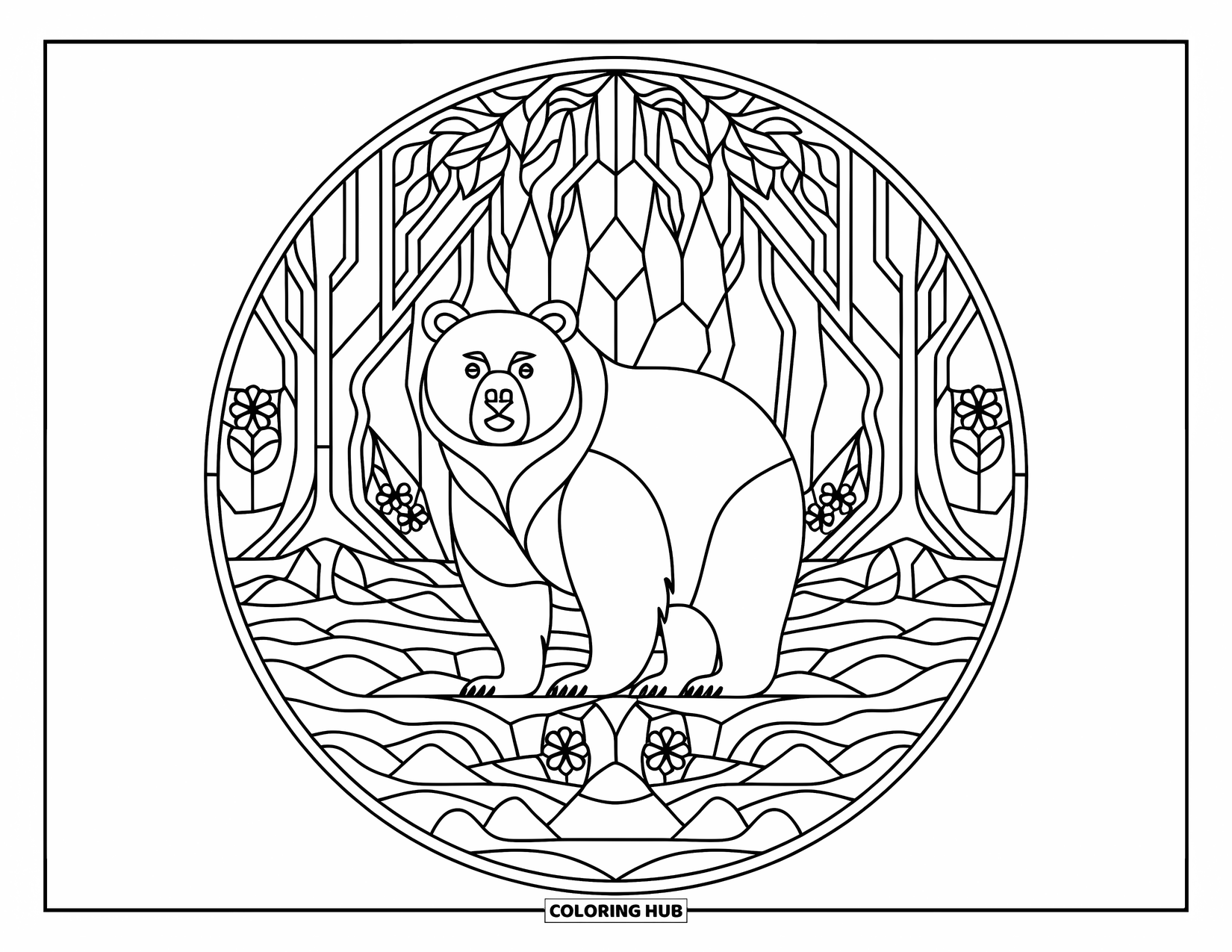 Brown Bear Coloring Page for Adults: A regal bear sits at the center of a circular stained-glass pattern with trees and rocks