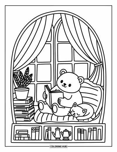 Coloriage d'ours brun pour adultes : Un ours serein lit dans un coin ensoleillé avec un chat, des livres et des plantes en pots