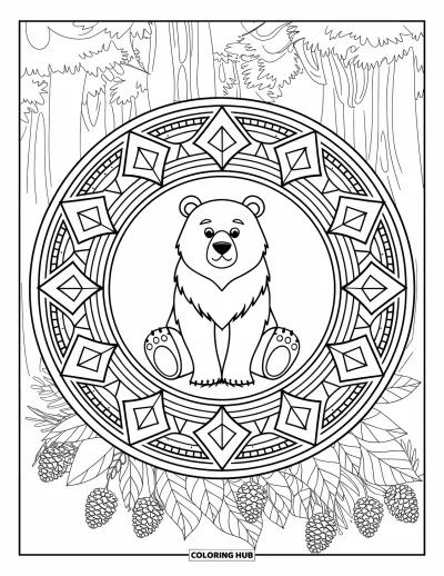 Coloriage d'ours brun pour adultes : Un ours détendu est assis au centre d'un mandala feuillu avec des formes forestières